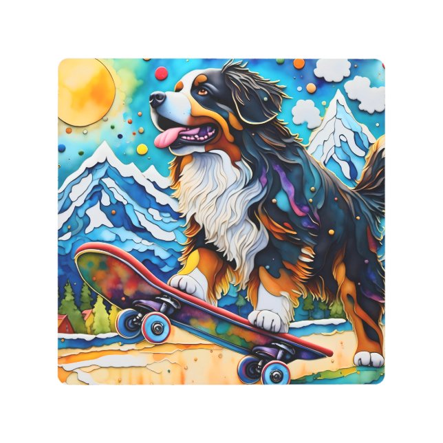 Impresión En Metal Skateboarding Bernese Mountain Dog (Anverso)