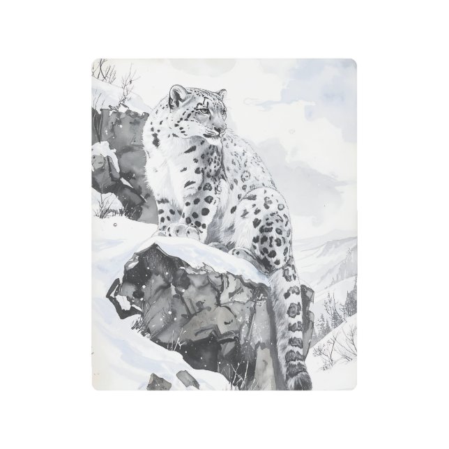 Impresión En Metal Snow Leopard in Winter Mountain Metal Wall Art (Anverso)