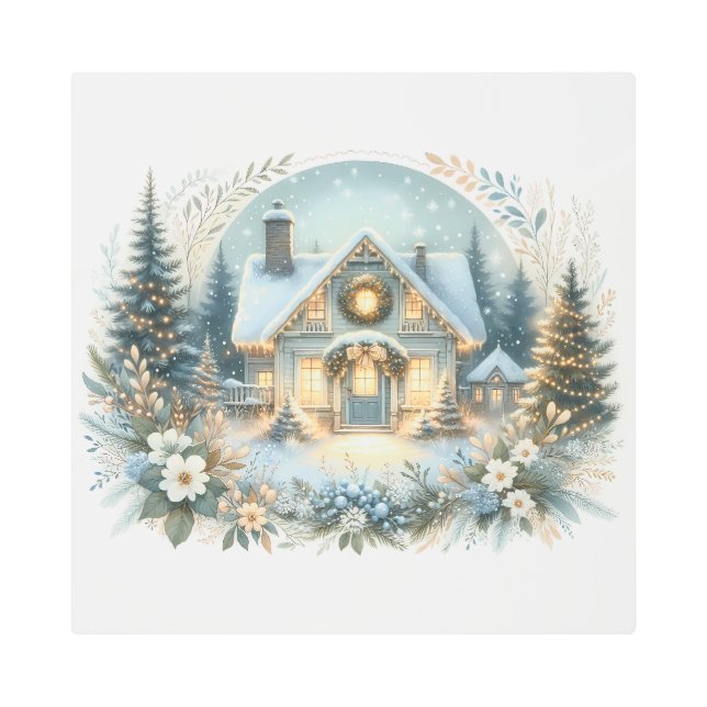Impresión En Metal Snowy Cottage Glow Scene (Anverso)