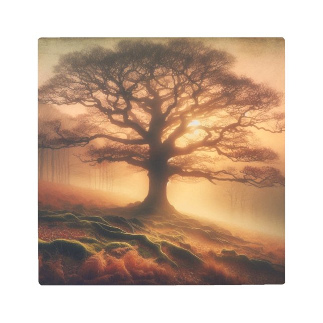 Impresión En Metal Solitary Fogbound Oak with Autumn Mist Glow (Anverso)