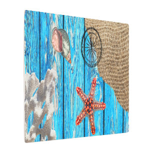 Impresión En Metal Starfish Rústico Nautical Blue Wood