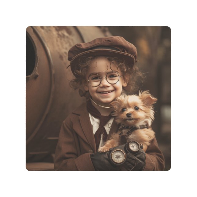 Impresión En Metal Steampunk Boy y Puppy (Anverso)