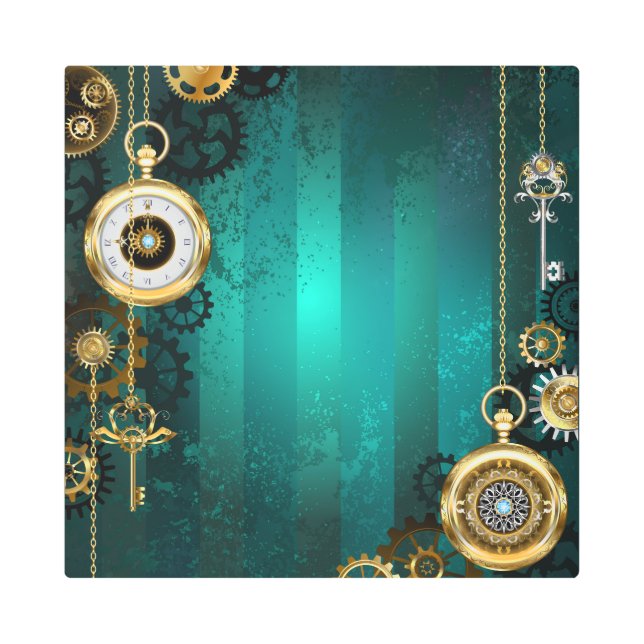 Impresión En Metal Steampunk Jewelry Watch sobre un fondo verde (Anverso)