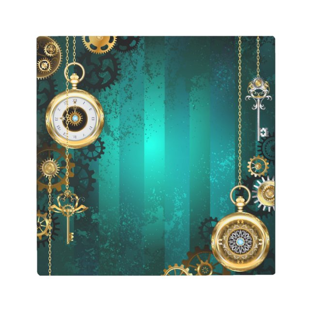 Impresión En Metal Steampunk Jewelry Watch sobre un fondo verde (Anverso)
