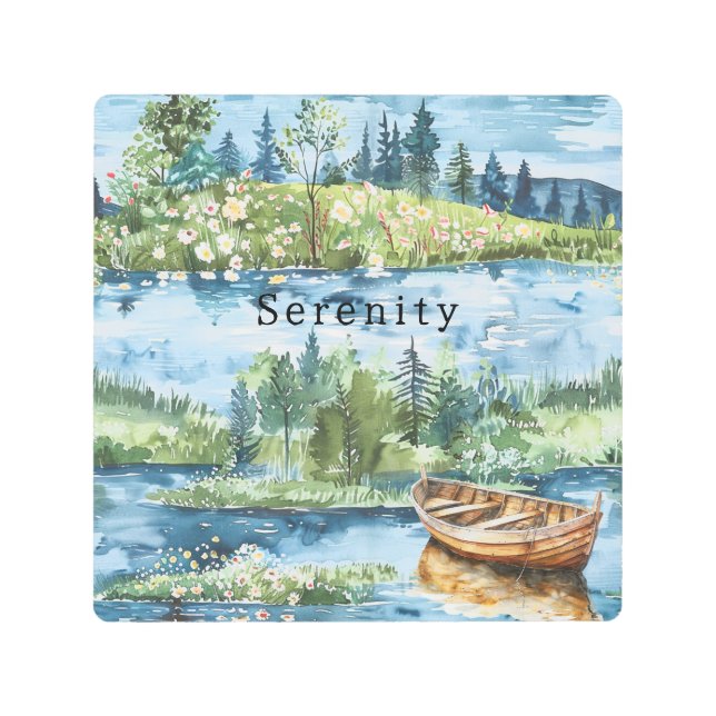 Impresión En Metal Summer Lake Boat Flowers Serenity (Anverso)