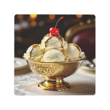 Sundae de helado con jarabe de oro en blanco