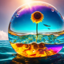 Sunflowers In a Globe, Ocean, Water Scene, Sun