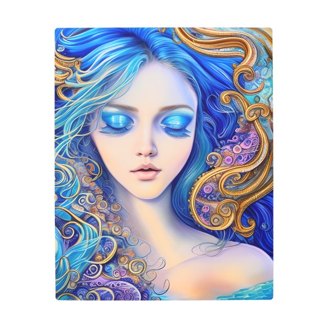Impresión En Metal Sunny Azur Ocean Surf Waves Blue Gold Chica Art (Anverso)