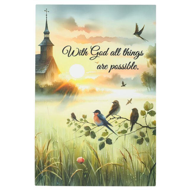 Impresión En Metal Sunrise Church with Birds in Misty Meadow (Anverso)