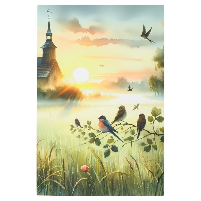 Impresión En Metal Sunrise Church with Birds in Misty Meadow No Verse (Anverso)