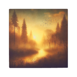 Impresión En Metal Sunset River Escape in Vintage Autumn Forest