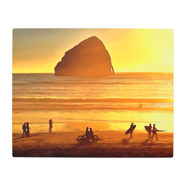 Impresión En Metal Surf al atardecer y ciclismo Cabo Kiwanda Oregon (Anverso)