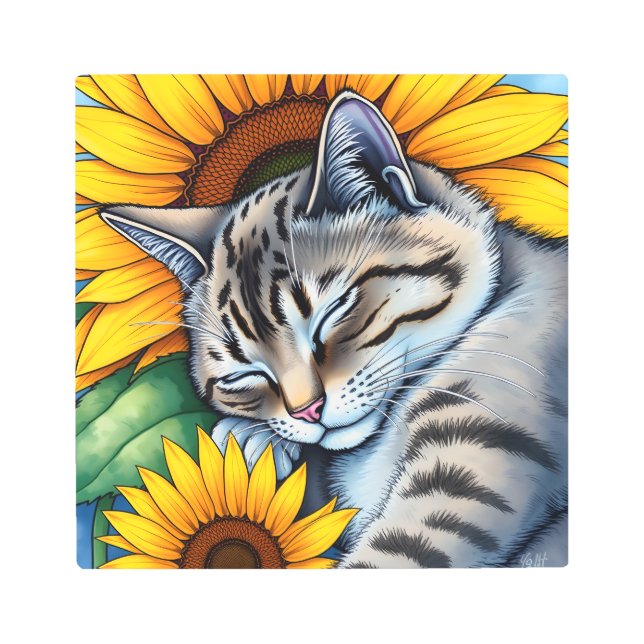 Impresión En Metal Sweet Napping Gray Cat and Sunflower (Anverso)