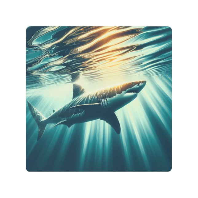 Impresión En Metal Tiburón en el mar azul profundo y la luz del sol (Anverso)