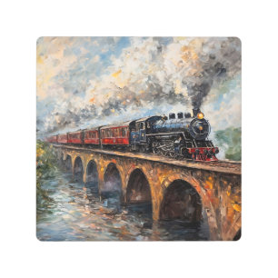 Impresión En Metal Tren de vapor en un puente - pintura al petróleo