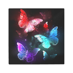 Impresión En Metal Tres mariposas brillantes en el fondo nocturno