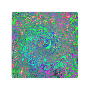 Impresión En Metal Trippy Chartreuse y Blue Retro Liquid Swirl