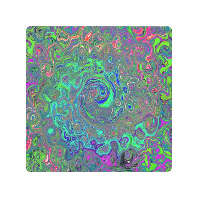 Impresión En Metal Trippy Chartreuse y Blue Retro Liquid Swirl (Anverso)