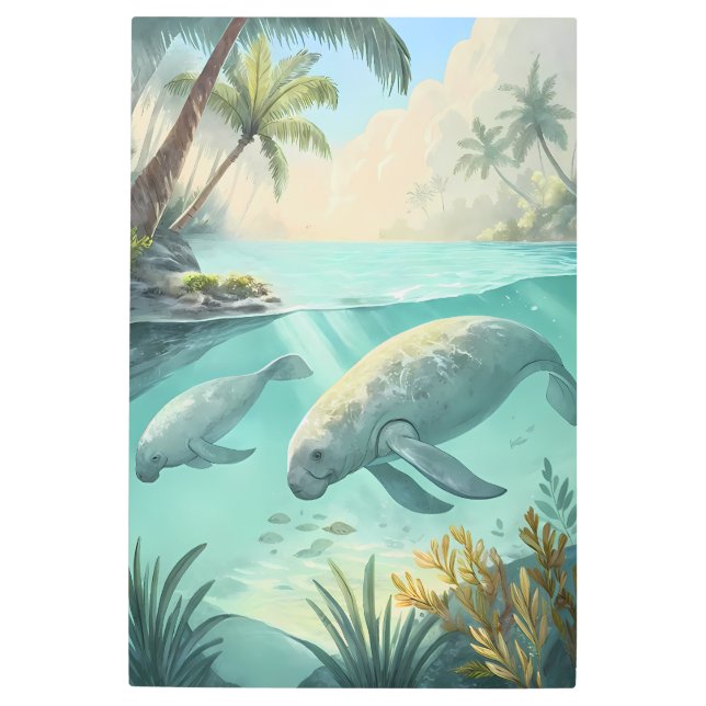 Impresión En Metal Tropical Paradise: Manatees in the Lagoon (Anverso)