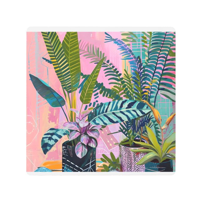 Impresión En Metal Tropical pink flamingos set against lush green (Anverso)