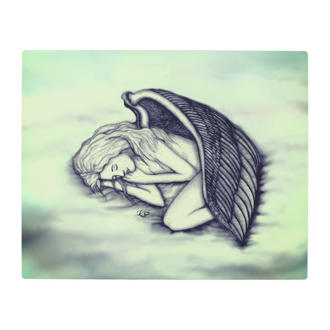 Impresión En Metal Un ángel durmiente en las nubes del cielo en verde (Anverso)