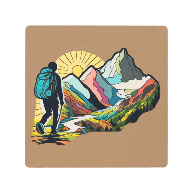 Impresión En Metal Un excursionista caminando por un camino de montañ (Anverso)