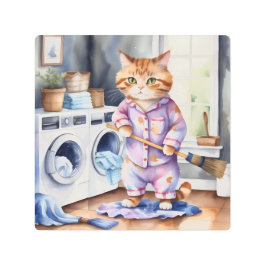 Impresión En Metal Un gato gracioso en pijamas lavando ropa