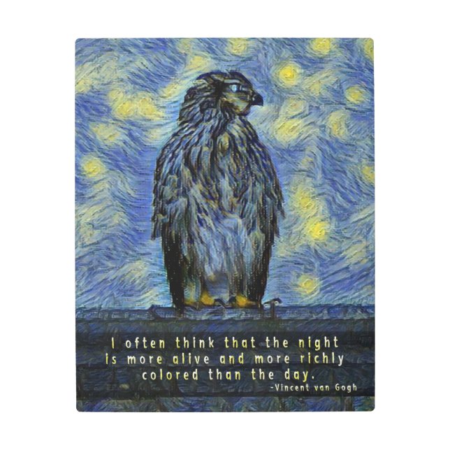 Impresión En Metal Un halcón Cooper en un techo en una noche estrella (Anverso)