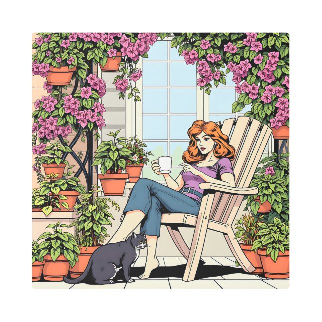 Impresión En Metal Una mujer con café, gato y plantas (Anverso)