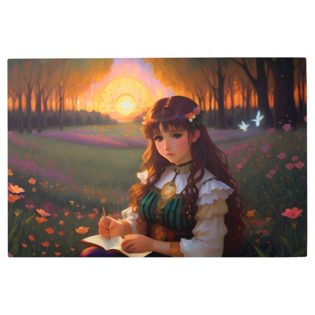 Impresión En Metal Una mujer con un estilo de anime triste al sol en  (Anverso)