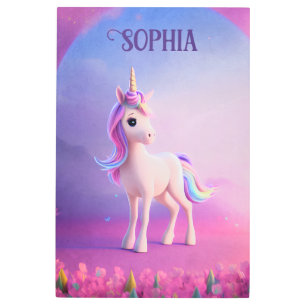 Impresión En Metal Unicornio blanco lindo con forma rosa y azul