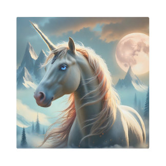 Impresión En Metal Unicornio místico en montañas encantadas