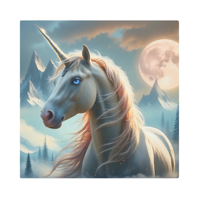 Impresión En Metal Unicornio místico en montañas encantadas (Anverso)
