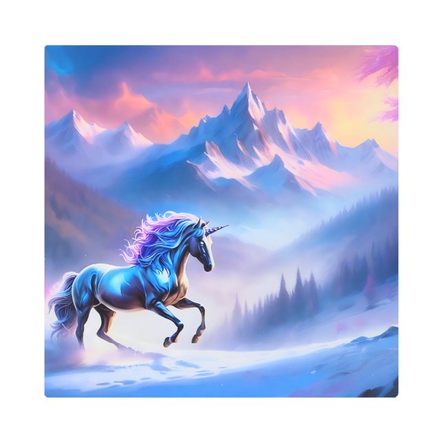 Impresión En Metal Unicornio negro en un paisaje invernal de ensueño (Anverso)