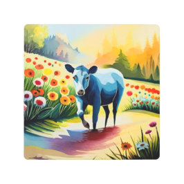 Impresión En Metal Vaca dulce en el campo floral