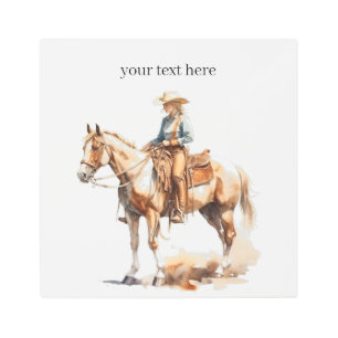 Impresión En Metal vaquera montando un caballo en acuarela, personali