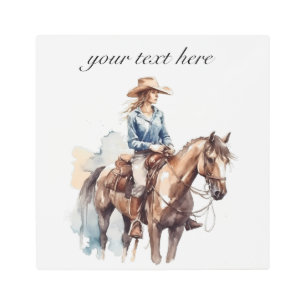 Impresión En Metal vaquera montando una acuarela de caballo, personal