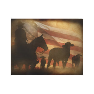 Impresión En Metal Vaquero ruso y bandera estadounidense angustiada