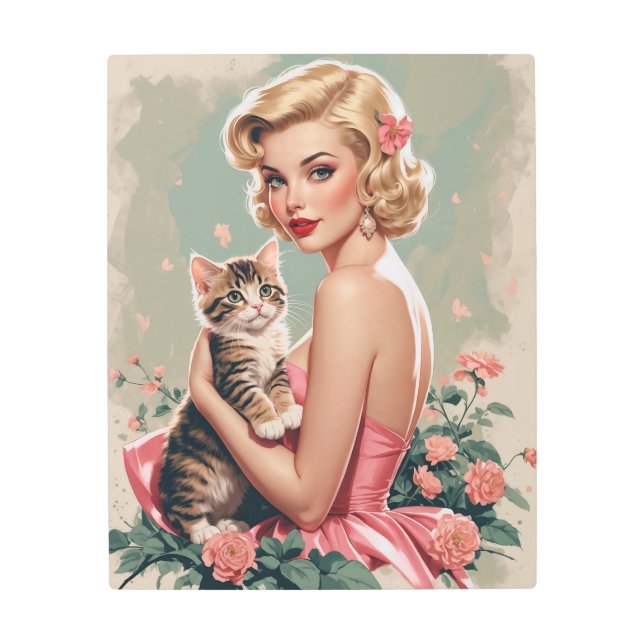 Impresión En Metal Vestido rojo rubio y gato lindo (Anverso)