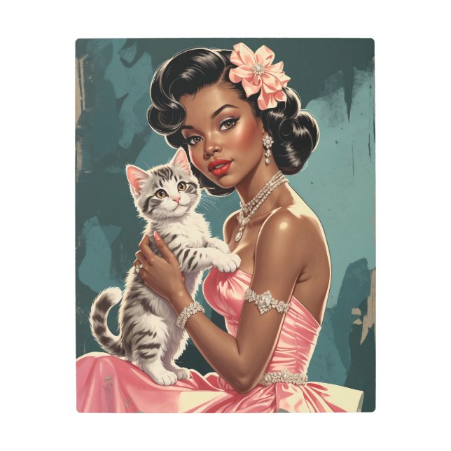 Impresión En Metal Vestido rosa morado y gatito lindo (Anverso)