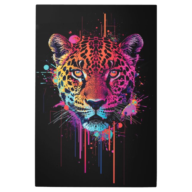 Impresión En Metal Vibrant Neon Leopard Metal Wall Art (Anverso)
