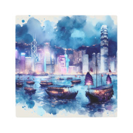 Impresión En Metal Vibrante puerto de Hong Kong: Paisaje nocturno acu