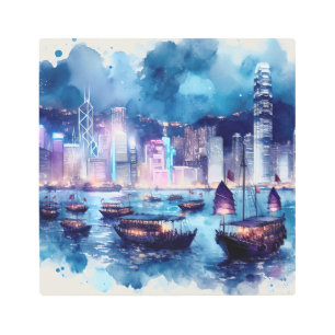 Impresión En Metal Vibrante puerto de Hong Kong: Paisaje nocturno acu