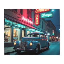 Impresión En Metal Vintage 1940s Classic Car Under Neon Lights 