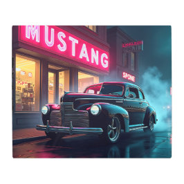 Impresión En Metal Vintage 1940s Classic Car Under Neon Lights 