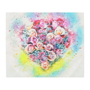 Impresión En Metal Vintage acuarela del corazón de los Rosas colorido