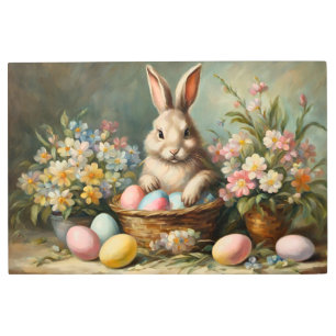 Impresión En Metal Vintage Easter Bunny con huevos y flores de Pascua