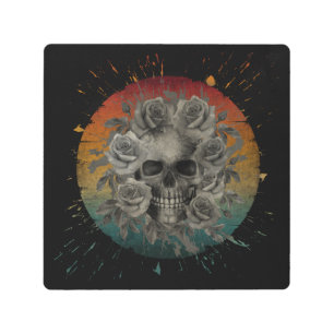 IMPRESIÓN EN METAL VINTAGE SKULL Y FLORES NEGRO Y BLANCO