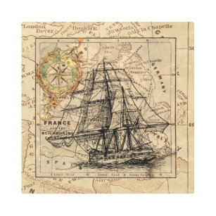 Impresión En Metal Vintage Vailing Ship and Old European Map