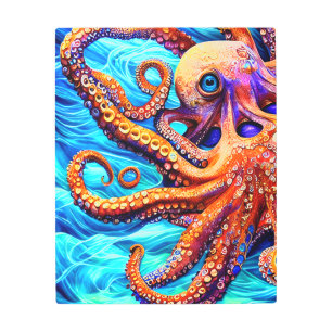Impresión En Metal Whimsical Octopus Blue Ocean Wave Cubism